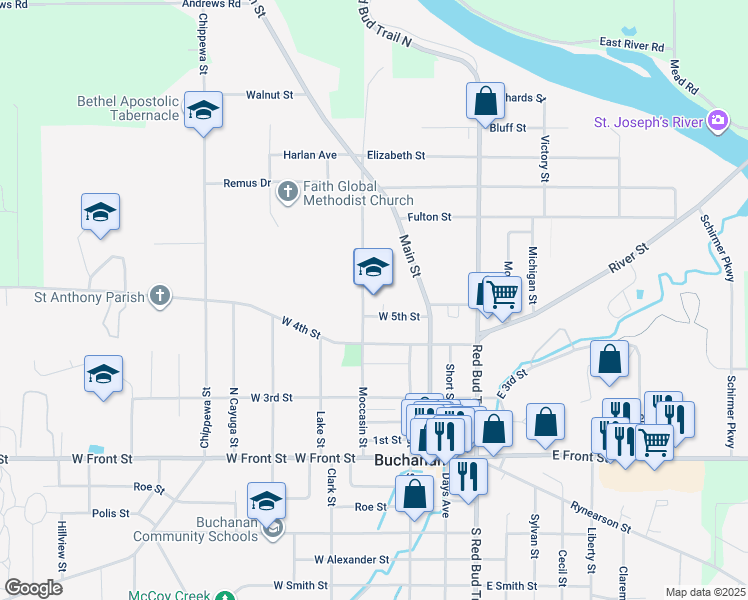 map of restaurants, bars, coffee shops, grocery stores, and more near 410 Moccasin Street in Buchanan