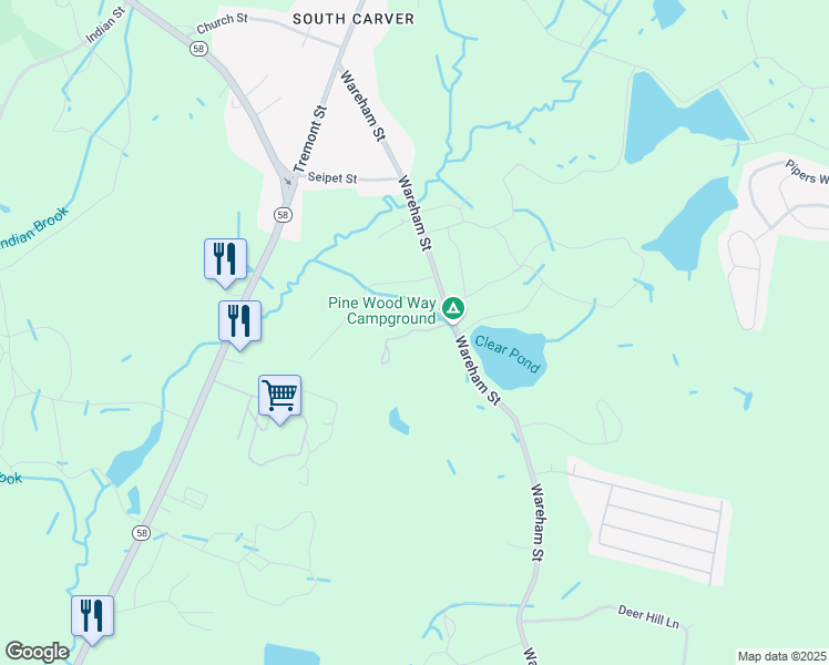 map of restaurants, bars, coffee shops, grocery stores, and more near 33 Wareham Street in Carver