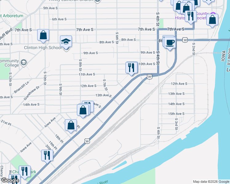 map of restaurants, bars, coffee shops, grocery stores, and more near 1200-1298 Lincoln Highway in Clinton