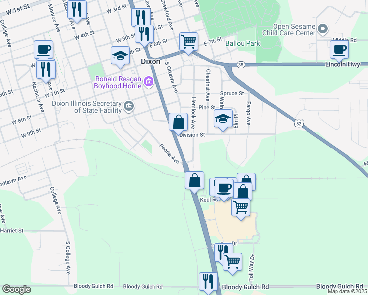 map of restaurants, bars, coffee shops, grocery stores, and more near 1312 Peoria Avenue in Dixon
