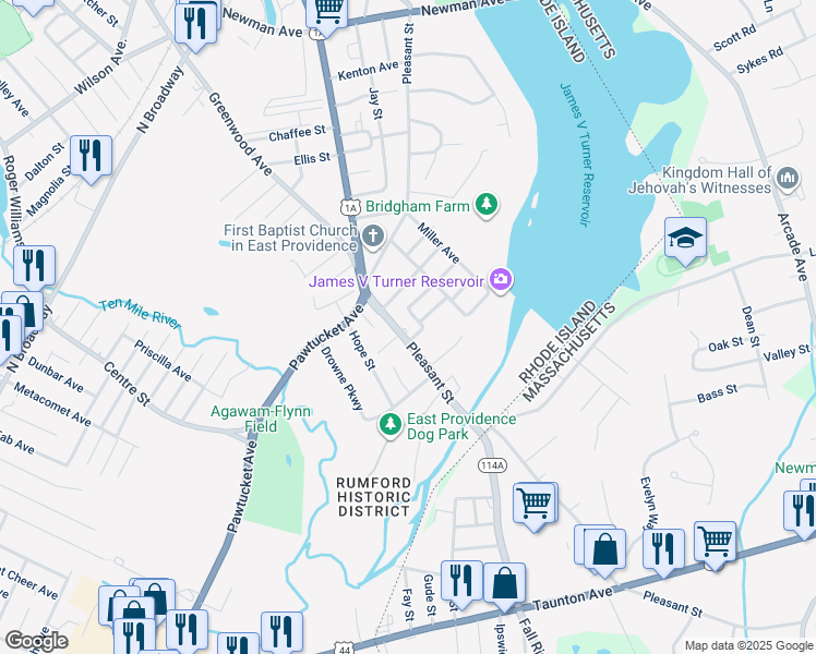 map of restaurants, bars, coffee shops, grocery stores, and more near 1 Sylvan Road in East Providence