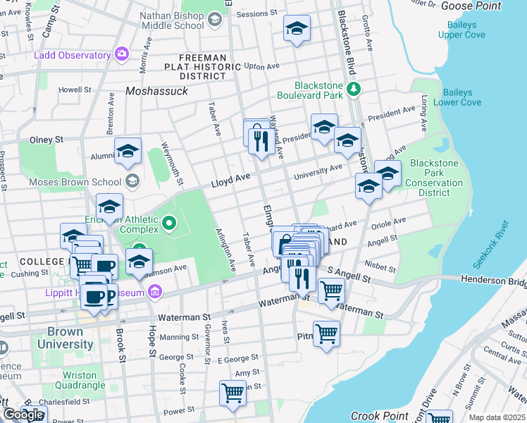 map of restaurants, bars, coffee shops, grocery stores, and more near 17 Elton Street in Providence