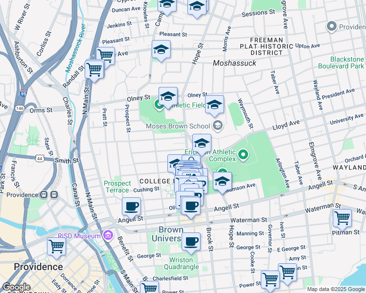 map of restaurants, bars, coffee shops, grocery stores, and more near 101 Keene Street in Providence