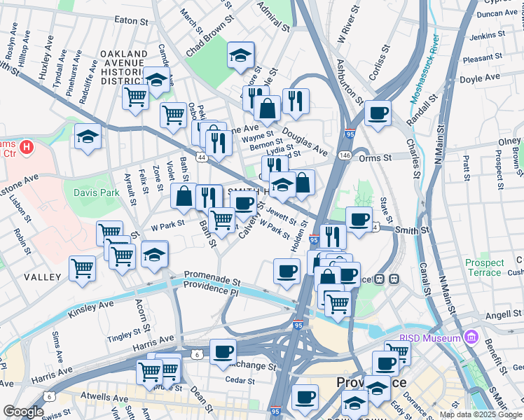 map of restaurants, bars, coffee shops, grocery stores, and more near 99 West Park Street in Providence