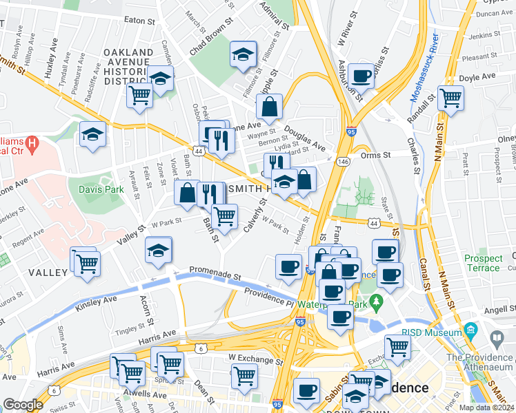 map of restaurants, bars, coffee shops, grocery stores, and more near 99 West Park Street in Providence