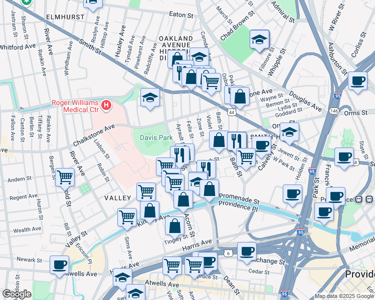 map of restaurants, bars, coffee shops, grocery stores, and more near 710 Valley Street in Providence