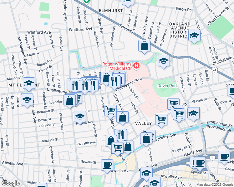 map of restaurants, bars, coffee shops, grocery stores, and more near 49 Berkley Street in Providence