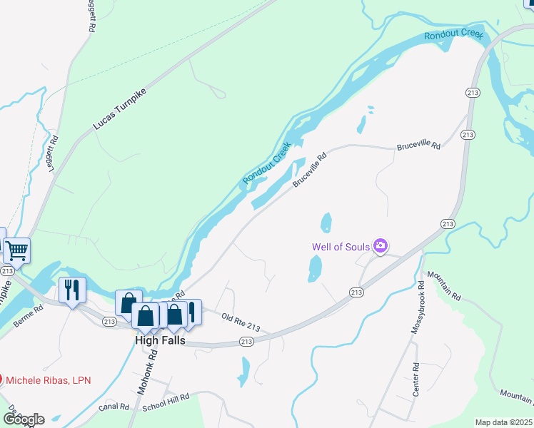 map of restaurants, bars, coffee shops, grocery stores, and more near 120 Bruceville Road in High Falls