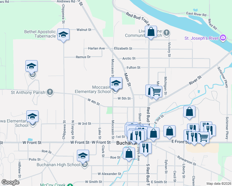 map of restaurants, bars, coffee shops, grocery stores, and more near 401 West Chicago Street in Buchanan