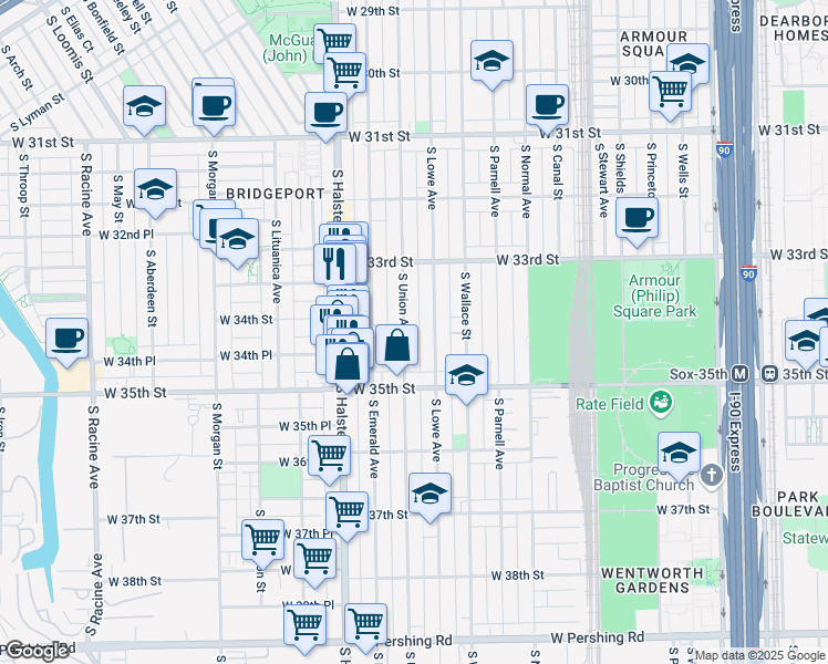map of restaurants, bars, coffee shops, grocery stores, and more near 3419 South Union Avenue in Chicago