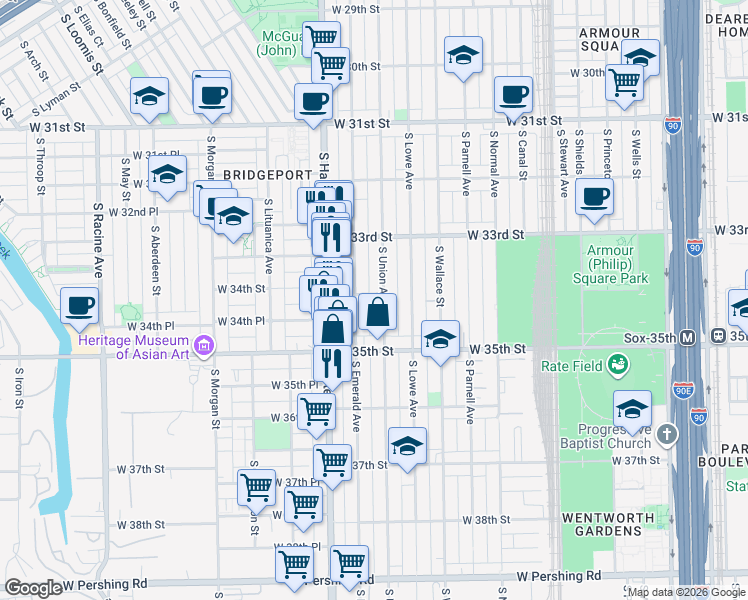 map of restaurants, bars, coffee shops, grocery stores, and more near 3419 South Union Avenue in Chicago
