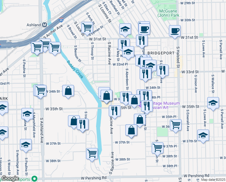 map of restaurants, bars, coffee shops, grocery stores, and more near 3409 South Racine Avenue in Chicago