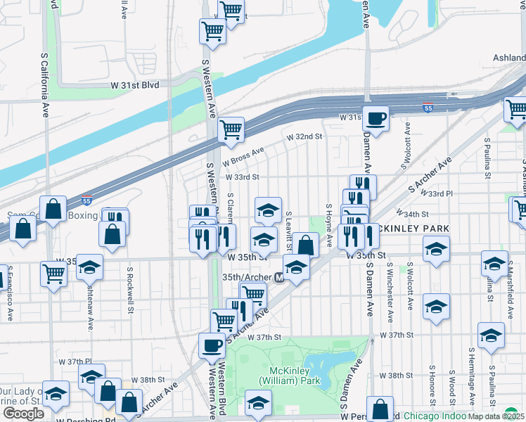 map of restaurants, bars, coffee shops, grocery stores, and more near 3401 South Oakley Avenue in Chicago