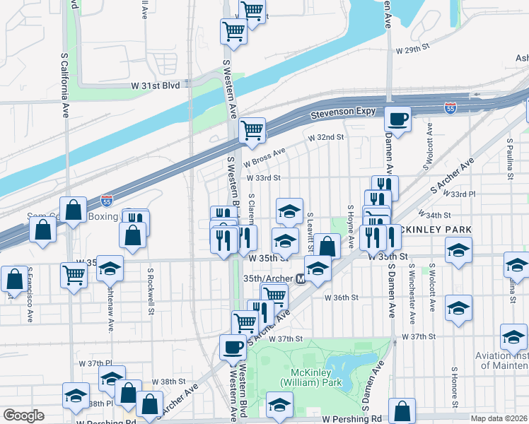 map of restaurants, bars, coffee shops, grocery stores, and more near 3401 South Oakley Avenue in Chicago