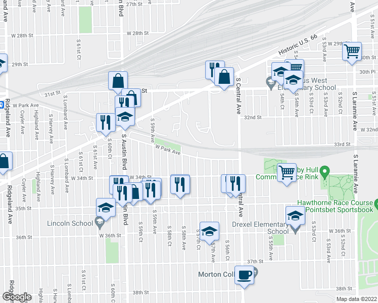 map of restaurants, bars, coffee shops, grocery stores, and more near 3303 South 58th Avenue in Cicero