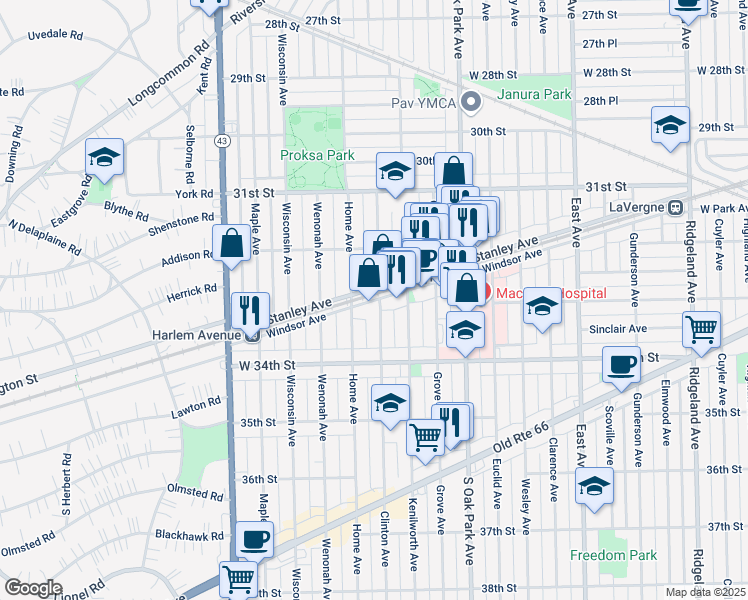 map of restaurants, bars, coffee shops, grocery stores, and more near 3302 Clinton Avenue in Berwyn