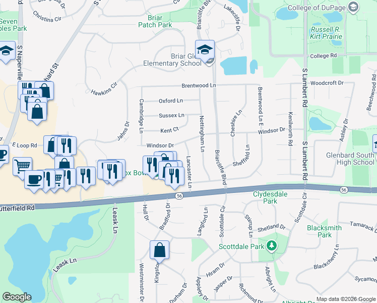 map of restaurants, bars, coffee shops, grocery stores, and more near 1993 Lancaster Lane in Wheaton