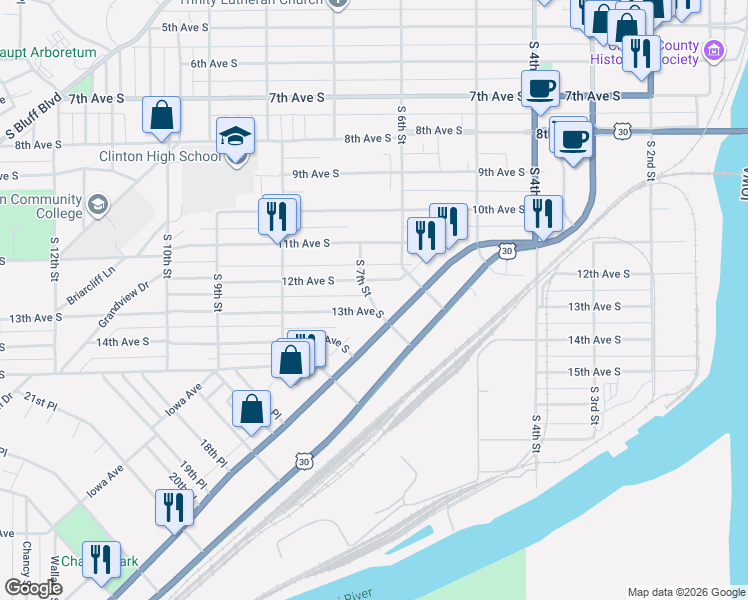 map of restaurants, bars, coffee shops, grocery stores, and more near 1200-1298 Lincoln Highway in Clinton