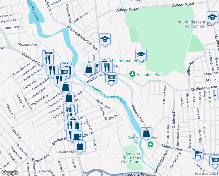 map of restaurants, bars, coffee shops, grocery stores, and more near 850 Palfrey Place in Providence