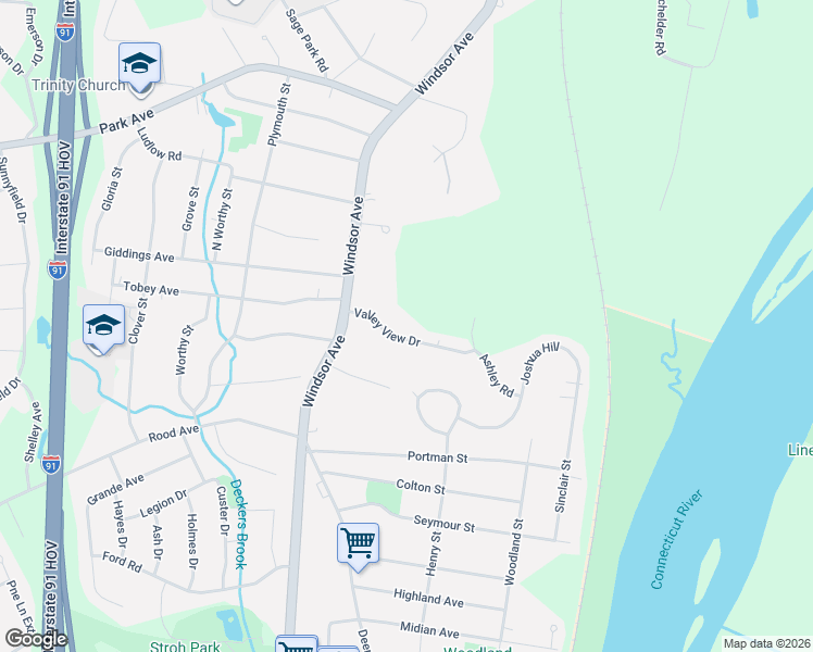 map of restaurants, bars, coffee shops, grocery stores, and more near 15 Valley View Drive in Windsor