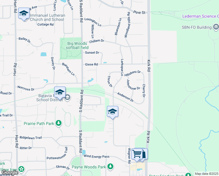 map of restaurants, bars, coffee shops, grocery stores, and more near 1231 Thrun Drive in Batavia