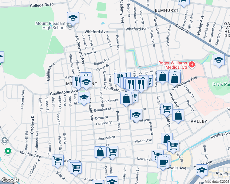 map of restaurants, bars, coffee shops, grocery stores, and more near 54 Belmont Avenue in Providence