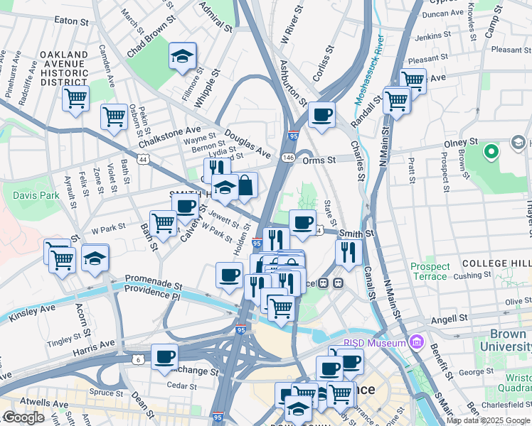 map of restaurants, bars, coffee shops, grocery stores, and more near 161 Smith Street in Providence