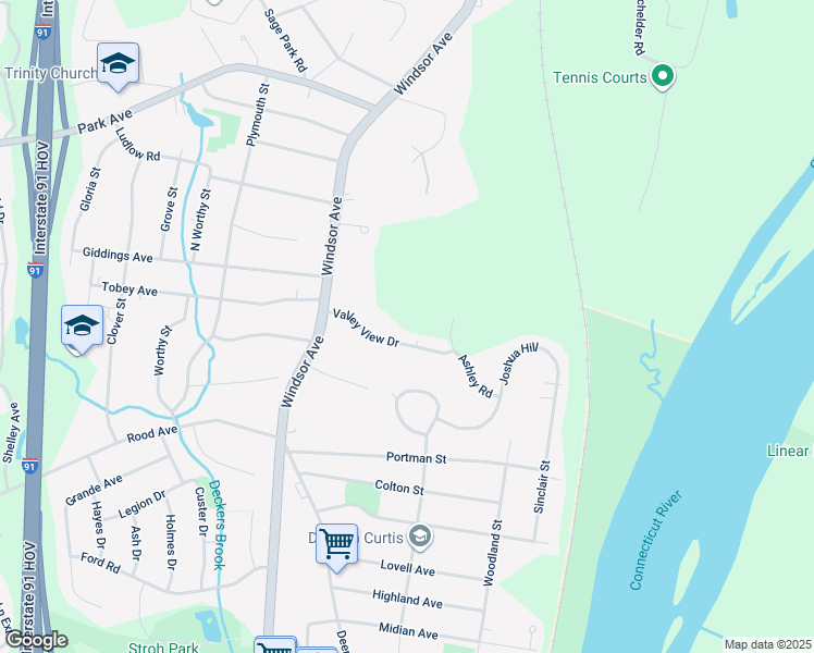 map of restaurants, bars, coffee shops, grocery stores, and more near 32 Valley View Drive in Windsor