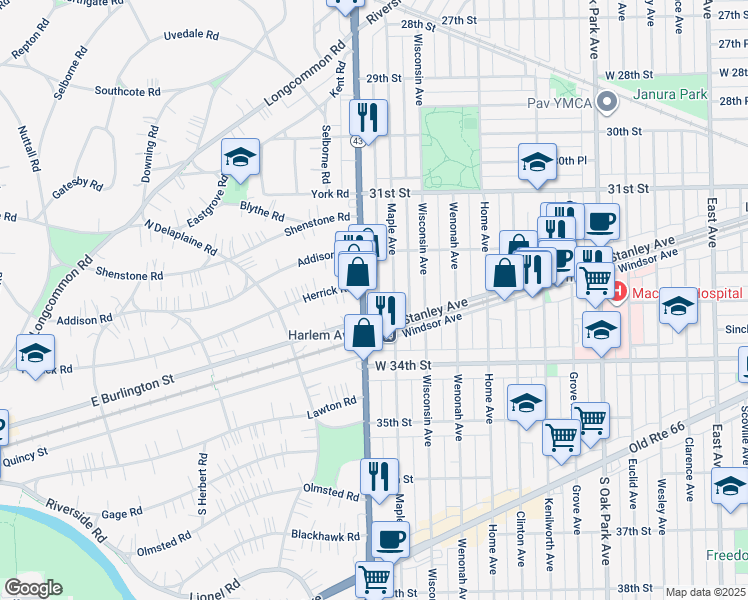 map of restaurants, bars, coffee shops, grocery stores, and more near in Berwyn