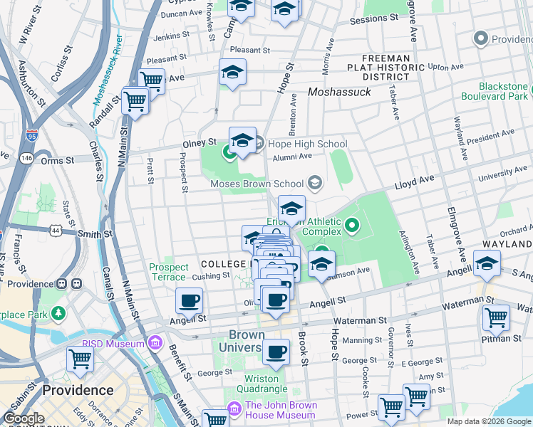 map of restaurants, bars, coffee shops, grocery stores, and more near 366 Thayer Street in Providence