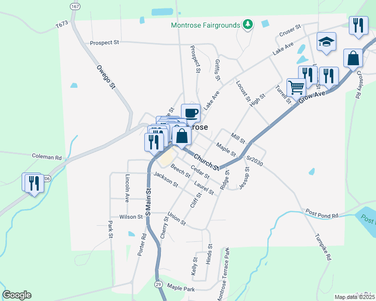 map of restaurants, bars, coffee shops, grocery stores, and more near Church Street in Montrose