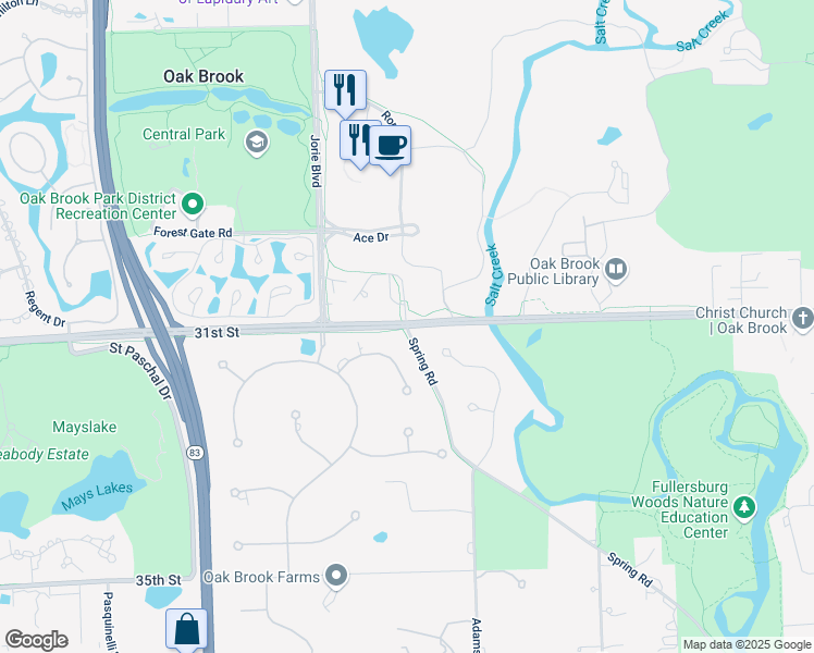 map of restaurants, bars, coffee shops, grocery stores, and more near Oak Brook Road & Spring Road in Oak Brook