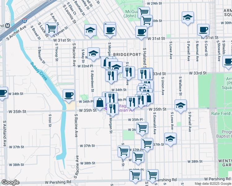 map of restaurants, bars, coffee shops, grocery stores, and more near 920 West 34th Place in Chicago