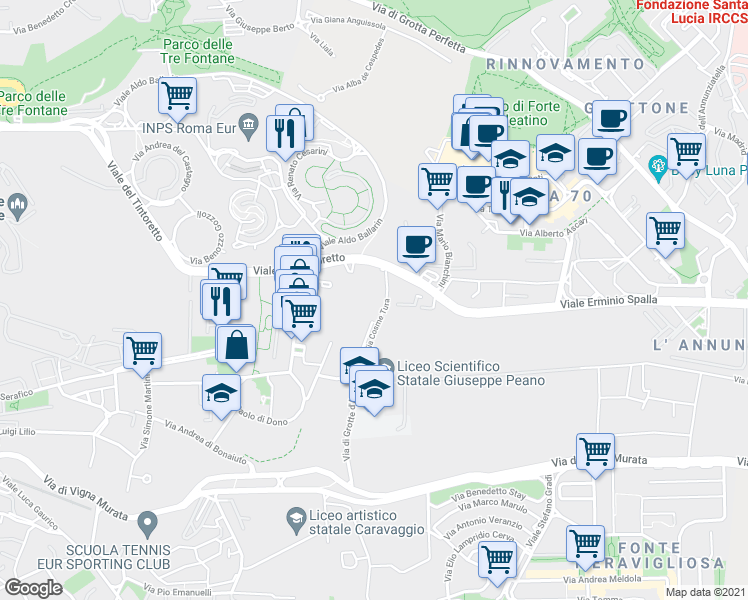 map of restaurants, bars, coffee shops, grocery stores, and more near 432 Viale del Tintoretto in Roma
