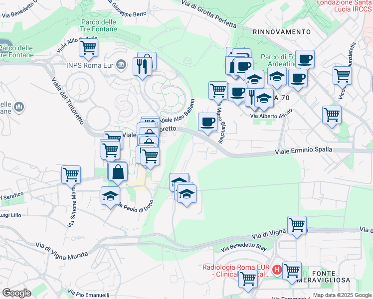 map of restaurants, bars, coffee shops, grocery stores, and more near 432 Viale del Tintoretto in Roma
