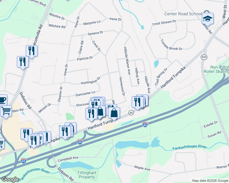 map of restaurants, bars, coffee shops, grocery stores, and more near 28 Merline Road in Vernon