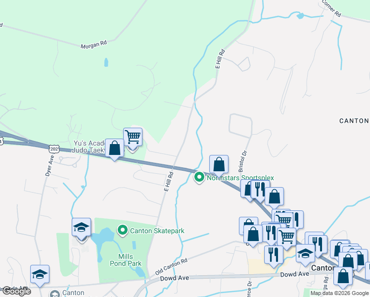 map of restaurants, bars, coffee shops, grocery stores, and more near 321 Albany Turnpike in Canton