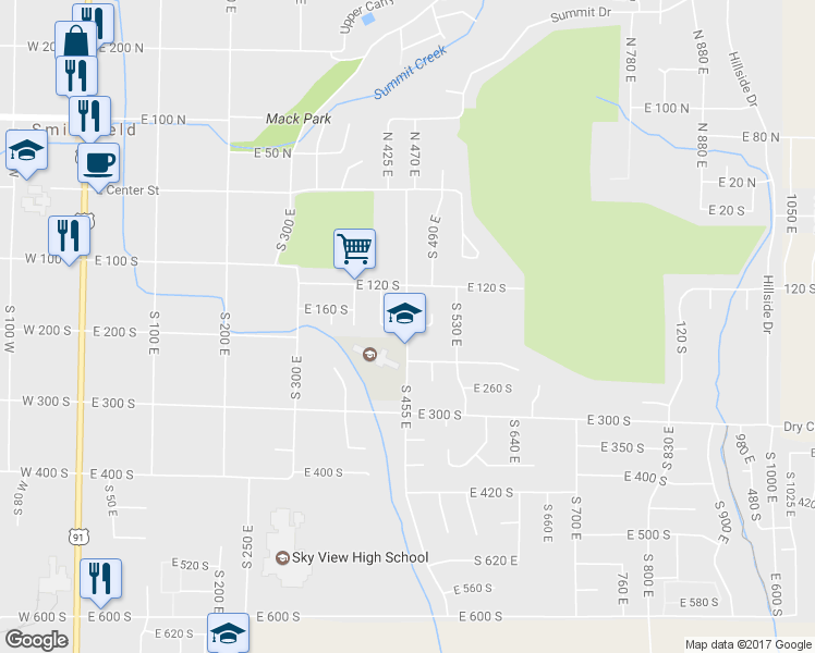 map of restaurants, bars, coffee shops, grocery stores, and more near 456 East 180 South in Smithfield