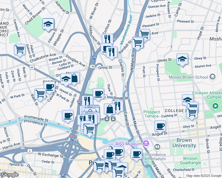 map of restaurants, bars, coffee shops, grocery stores, and more near 361 Gaspee Street in Providence