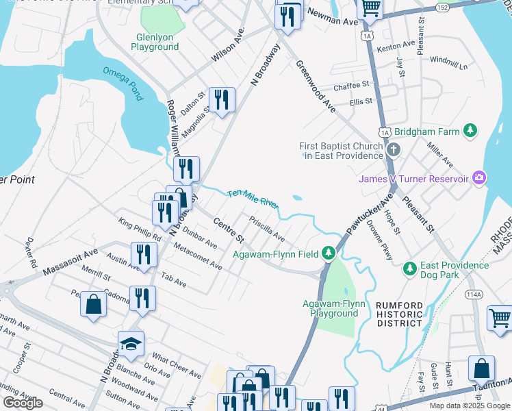 map of restaurants, bars, coffee shops, grocery stores, and more near in East Providence