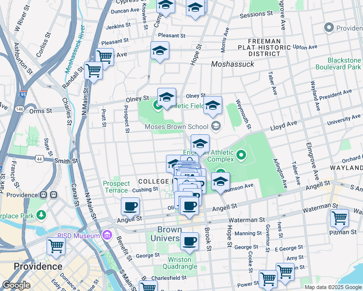 map of restaurants, bars, coffee shops, grocery stores, and more near 101 Keene Street in Providence