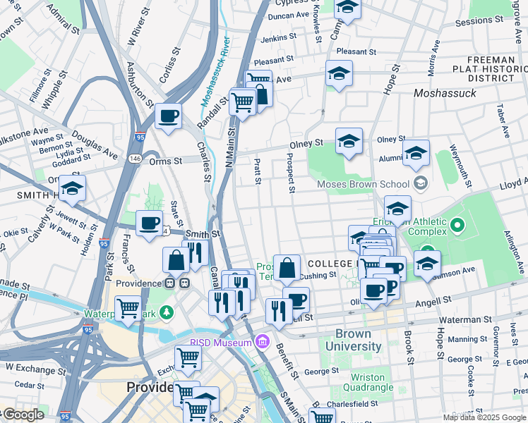 map of restaurants, bars, coffee shops, grocery stores, and more near 120 Congdon Street in Providence