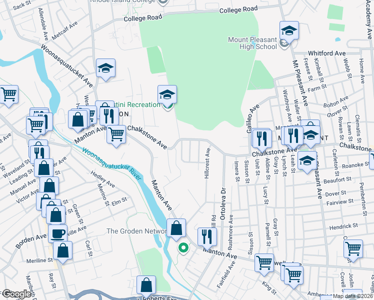 map of restaurants, bars, coffee shops, grocery stores, and more near 62 Oakwood Avenue in Providence