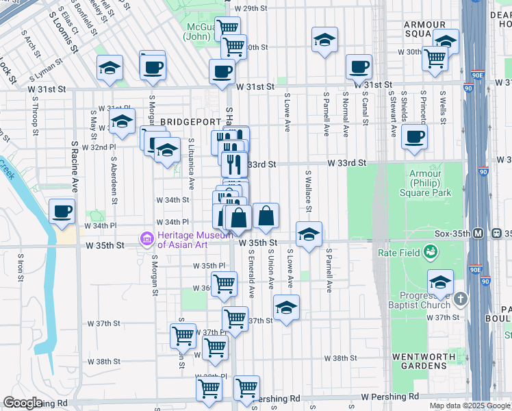 map of restaurants, bars, coffee shops, grocery stores, and more near 3422 South Emerald Avenue in Chicago