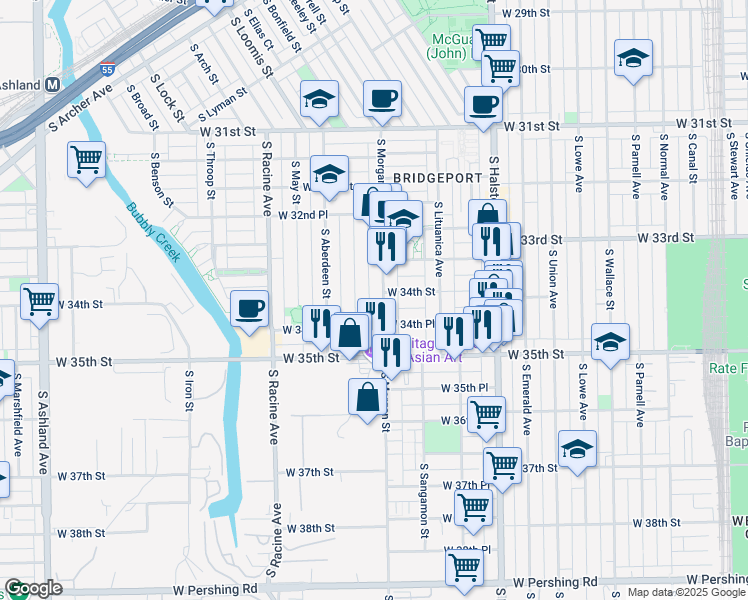 map of restaurants, bars, coffee shops, grocery stores, and more near 3423 South Morgan Street in Chicago