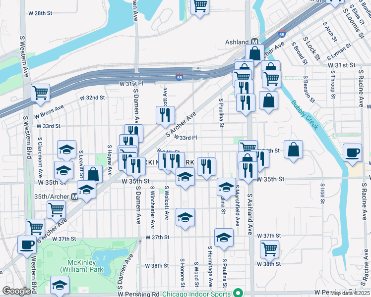 map of restaurants, bars, coffee shops, grocery stores, and more near 3410 South Wood Street in Chicago