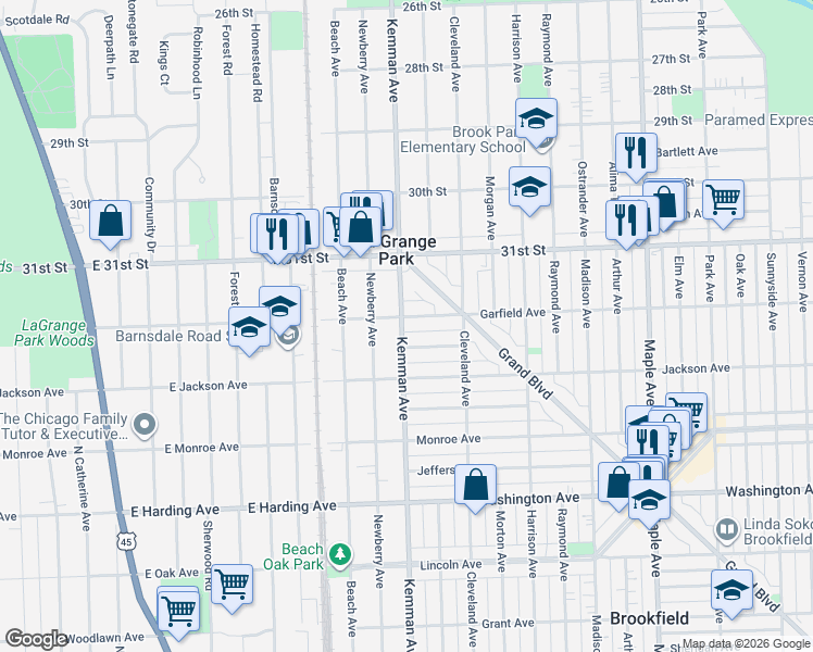 map of restaurants, bars, coffee shops, grocery stores, and more near 9540 Lexington Avenue in Brookfield