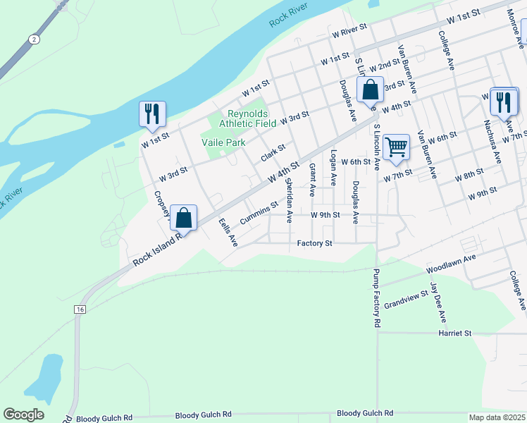 map of restaurants, bars, coffee shops, grocery stores, and more near 1820 West 9th Street in Dixon