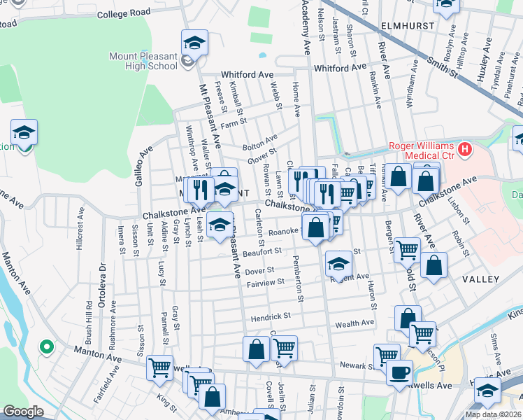 map of restaurants, bars, coffee shops, grocery stores, and more near 26 Carleton Street in Providence