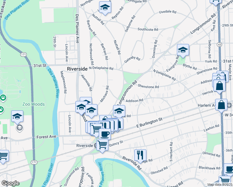 map of restaurants, bars, coffee shops, grocery stores, and more near 150 Nuttall Road in Riverside